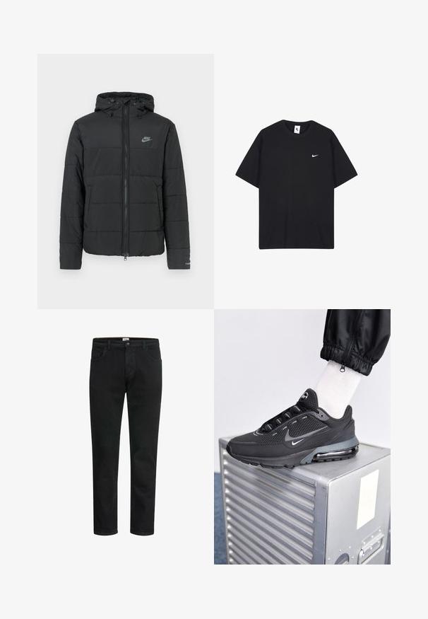 Schwarze Daunenjacke mit Kapuze, ausgestattet mit einem Reißverschluss auf der Vorderseite, horizontal gestepptem Muster und einem kleinen Logo auf der oberen linken Seite.; Schwarzes Nike-T-Shirt aus Baumwolle mit Rundhalsausschnitt und kurzen Ärmeln. Enthält ein kleines weißes Nike-Logo auf der linken Brust.; Schwarze Jeans aus Denim mit geradem Schnitt, ausgestattet mit einem Knopf- und Reißverschluss, fünf Taschen und minimalen Nähten.; Nike Sportswear PULSE - Sneaker low - black/anthracite