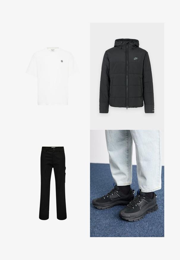 Svart pufferjakke med hette, med glidelås foran, horisontalt quiltet mønster og en liten logo på øvre venstre side.; Hvit kortermet t-skjorte med rund hals og en liten grå geometrisk logo på venstre bryst. Laget av myk bomullsmateriale.; Svarte cargo-bukser laget av bomull med rette ben, som har en sidelomme, knappelukking og subtile sømdetaljer.; Svarte sportssko med teksturert stoff og gummisåler, med elastiske lisser og en blå detalj på hælen. Brukt med lyse denimbukser.