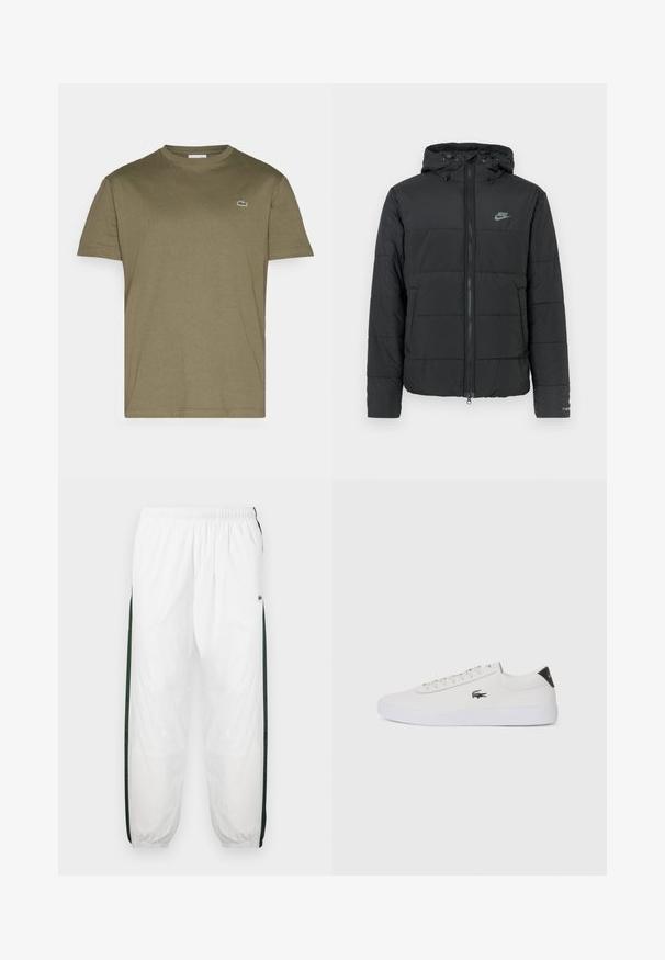 Giubbotto imbottito nero con cappuccio, caratterizzato da una chiusura con zip frontale, un motivo a righe orizzontali e un piccolo logo sul lato sinistro in alto.; Lacoste T-shirt basic - tank; Pantaloni da tuta bianchi con pannelli laterali di un verde scuro. Materiale leggero, vita elasticizzata e orli a costine. Presentano una texture in rete sui pannelli laterali.; Sneaker bianco in pelle con punta rotonda, chiusura con lacci e accentuazione nera sul tallone. Presenta un piccolo logo di coccodrillo ricamato sul lato.