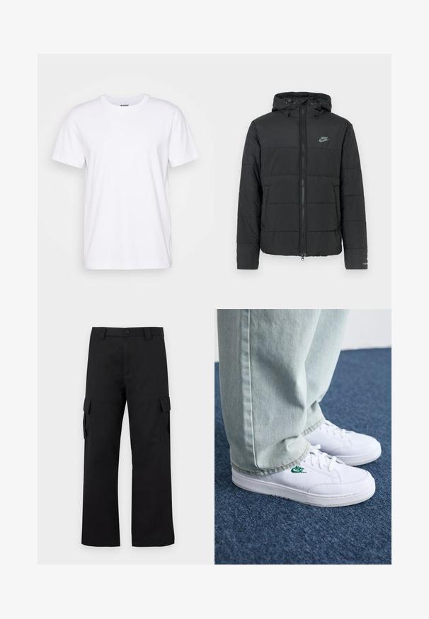 Jachetă puffer neagră cu glugă, având fermoar pe față, model cusut orizontal și un mic logo în partea stângă sus.; Tricou alb din bumbac, cu gât rotund și mâneci scurte. Prezintă o croială dreaptă și numele brandului "WEEKDAY" imprimat în interiorul gulerului.; Pantaloni cargo negri cu un design drept. Confectionati dintr-un material durabil, avand doua buzunare laterale cu clapete si un sistem de inchidere cu nasture.; Adidași din piele albă cu logo-ul Nike verde, vârf rotund, talpă plată, asortați cu pantaloni din denim bleu deschis, prezentați pe un covor albastru.