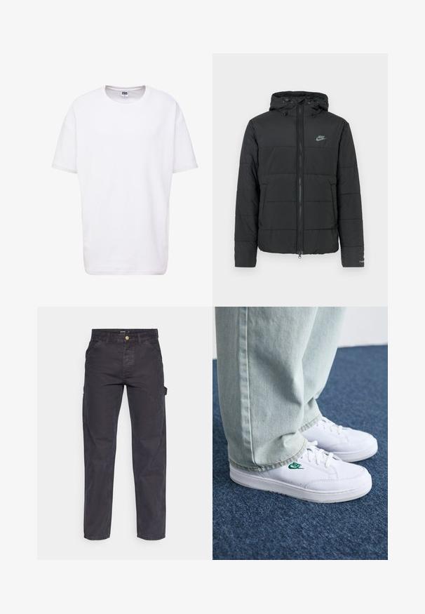 Svart puffjacka med huva, med dragkedja framtill, horisontellt quiltat mönster och en liten logotyp på övre vänstra sidan.; Urban Classics T-shirt - bas - white; Mörkgrå cargobyxor i slitstark tyg, med rak benform, fem fickor och knappstängning i midjan.; Vita lädersneakers med grön Nike-logga, rund tå, platt sula, kombinerade med ljusblå denimbyxor, visade på en blå matta.