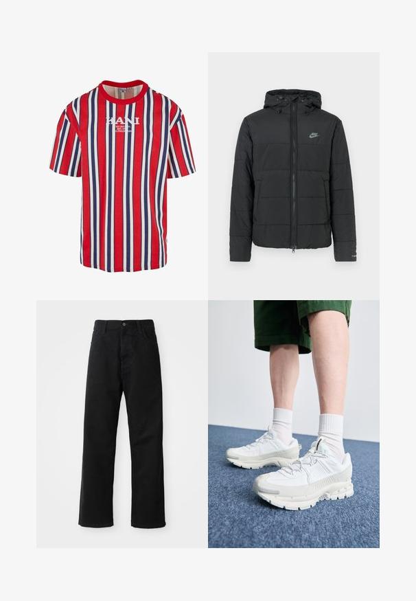 Juodas pūkinis džemperis su gaubtu, su užtrauktuku priekyje, horizontaliu siuvinėjimu ir mažu logotipu kairėje viršutinėje pusėje.; Raudona, mėlyna ir balta dryžuota trumpomis rankovėmis marškinėliai su apvalia iškirpte. Centre yra balta KANI logo. Pagaminta iš medvilnės.; Juodo džinsinio audinio keliaraiščiai su tiesia iškarpa, turintys priekinės kišenes, užtrauktuką ir vieną viršutinį mygtuką. Audinys tekstūruotas, su matinio paviršiaus apdaila.; Baltos sportinės bateliai su tekstūruotais uždengimais, masyviu padu ir pilkais akcentais. Dėvimi su baltais trumpais kojiniais ir žaliais šortais mėlyname paviršiuje.