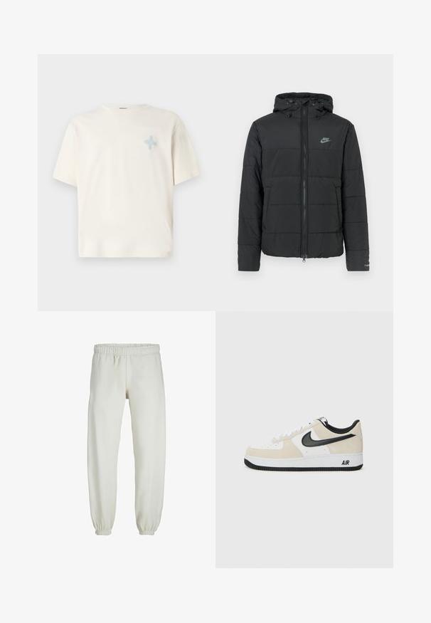 Svart pufferjakke med hette, med glidelås foran, horisontalt quiltet mønster og en liten logo på øvre venstre side.; Kremfarget t-skjorte med korte ermer laget av bomull, med et lyseblått broderi-design på venstre bryst. Klassisk rund hals og avslappet passform.; Hvite joggebukser laget av mykt materiale, med elastisk liv og mansjetter, en jevn tekstur og løs passform.; Sneakers med lys beige semsket skinn og hvit skinn-overdel, svart Nike swoosh, svarte detaljer, og en hvit gummisåle med "AIR" merke.