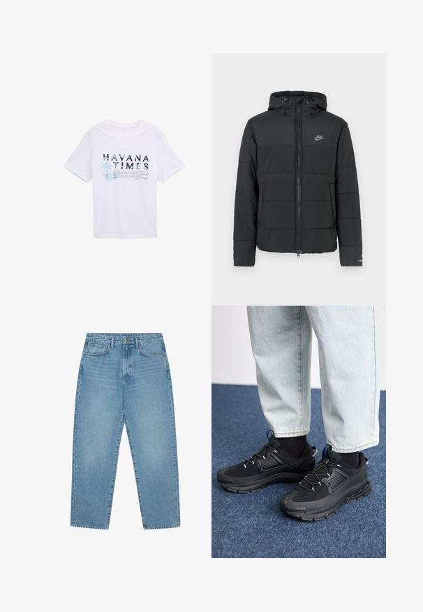 Zwarte pufferjas met capuchon, voorzien van een rits aan de voorkant, een horizontaal gestikt patroon en een klein logo op de bovenste linkerkant.; Witte katoenen t-shirt met de tekst "HAVANA TIMES" in donkerblauw en een palmboom grafiek; korte mouwen, relaxed fit en ronde hals.; Lichtblauwe denim wijde jeans met een hoge taille, voorzien van vijf zakken, riemlusjes en een zachte, licht vervaagde textuur.; Zwarte sportschoenen met gestructureerde stof en rubberen zolen, met elastische veters en een blauwe accent op de hiel. Draag samen met lichte spijkerbroeken.