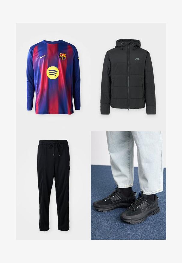 Juodas pūkinis džemperis su gaubtu, su užtrauktuku priekyje, horizontaliu siuvinėjimu ir mažu logotipu kairėje viršutinėje pusėje.; Ilga rankovė futbolo marškinėliai su mėlynomis ir raudonomis vertikaliomis juostomis, Nike logotipu, Barselonos herbu ir apvaliu Spotify logotipu centre.; Juodos laisvos kelnės su raišteliu liemens, šoninėmis kišenėmis ir tiesiu kirpimu ant vienodos fono.; Juodi sportiniai bateliai su tekstūruota medžiaga ir guminiais padais, su elastingomis raišteliais ir mėlynu akcentu ant kulno. Dėvimi su šviesiai mėlynomis džinsinėmis kelnėmis.