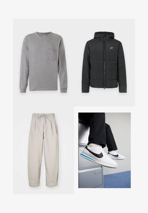 Svart pufferjakke med hette, med glidelås foran, horisontalt quiltet mønster og en liten logo på øvre venstre side.; Grå langermet t-skjorte med rund hals, med en brystlomme og ribbede mansjetter. Laget av mykt, lett bomullsmateriale.; Beige, lette bukser med elastisk midje og snor. Har folder og løs passform, laget av myk og glatt stoff.; Hvite lær sneakers med en svart Nike swoosh, lys blå og grå gummisåle, og klassisk snøring. Føttene hviler på et arkivskap.