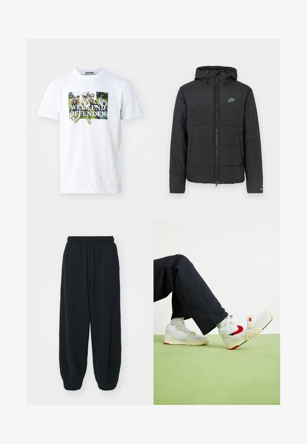 Chaqueta acolchada negra con capucha, que presenta un cierre con cremallera, un patrón de acolchado horizontal y un pequeño logotipo en la parte superior izquierda.; Camiseta blanca de algodón con un gráfico colorido de figuras en un parque y la frase "WEEKEND OFFENDER" en letras negras en negrita.; Pantalones de chándal negros con cintura elástica, de corte holgado, con puños en los tobillos, textura suave y sin patrones visibles ni acentos metálicos.; Zapatillas blancas y crema con un acento rojo, que presentan materiales de malla y ante, detalles texturizados y una correa en la parte frontal.