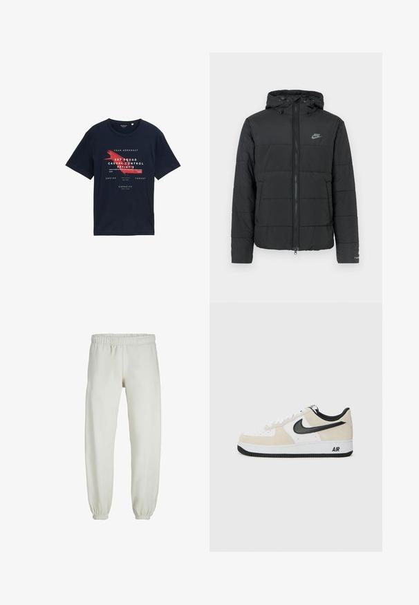 Chaqueta acolchada negra con capucha, que presenta un cierre con cremallera, un patrón de acolchado horizontal y un pequeño logotipo en la parte superior izquierda.; Camiseta de algodón en azul marino con escote redondo, mangas cortas y gráficos de texto en el frente con acentos rojos y detalles de diseño con temática de aviación.; Pantalones de chándal blancos hechos de una tela suave, con cinturilla y puños elásticos, que presentan una textura suave y un diseño holgado.; Zapatillas con parte superior de ante beige claro y cuero blanco, swoosh negro de Nike, acentos negros y una suela de goma blanca con la marca "AIR".