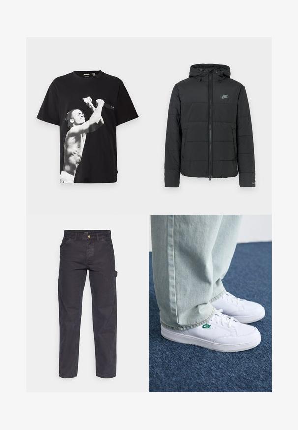 Črna puhovka s kapuco, z zadrgo spredaj, vodoravno prešito vzorčasto in majhnim logotipom na zgornji levi strani.; Črna oversize majica z velikim črno-belih grafikom brez majice, ki drži mikrofon. Narejena iz bombažne tkanine.; Temno sivi cargo hlače iz trpežnega materiala, z ravnim krojem nogavic, petimi žepi in gumbom za zapiranje v pasu.; Bela usnjena športna obutev z zelenim Nike logotipom, okrogla konica, ravna podplat, v kombinaciji z svetlo modrimi kavbojkami, prikazana na modrem preprogu.