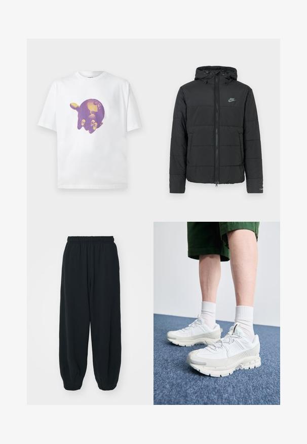 Mustan untuvatakin huppu, jossa on vetoketju etupuolella, vaakasuora tikkuroma ja pieni logo vasemmassa yläkulmassa.; Valkoinen puuvillainen t-paita, jossa on keskellä purppuran ja kullan värinen graafinen kuva kädestä, joka pitää maapallon. T-paidassa on lyhyet hihat ja pyöreä kaula-aukko.; Mustat, elastisella vyötäröllä varustetut collegehousut, joissa on löysä istuvuus, cuffattu lahje, sileä pinta ja ilman näkyviä kuvioita tai varusteita.; Valkoiset urheilukengät, joissa on tekstuuriset päällysteet, paksu pohja ja harmaat yksityiskohdat. Yhdistetty valkoisiin putkisukkiin ja vihreisiin shortseihin sinisellä pinnalla.