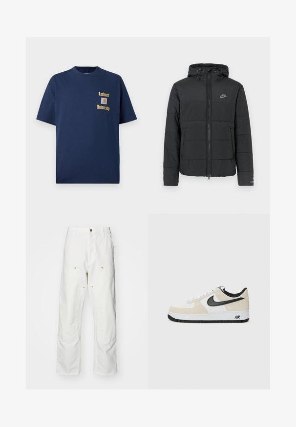 Zwarte pufferjas met capuchon, voorzien van een rits aan de voorkant, een horizontaal gestikt patroon en een klein logo op de bovenste linkerkant.; Marineblauwe katoenen T-shirt met korte mouwen, voorzien van gouden tekst "Carhartt University" en een logo-label op de linkerborst.; Witte katoenen cargobroeken met een relaxte pasvorm. Kenmerken zijn onder andere voorzakken, gouden hardware accenten en versterkte kniezones.; Sneakers met een lichtbeige suède en witte leren bovenkant, zwarte Nike swoosh, zwarte accenten en een witte rubberen zool met "AIR" branding.