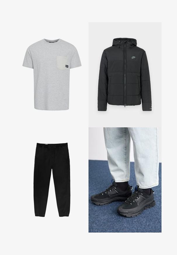 Sort pufferjakke med hætte, med lynlås foran, horisontalt quiltet mønster og et lille logo på den øverste venstre side.; Grå t-shirt med korte ærmer lavet af blødt stof, med en kontrasterende lys grå lomme og et lille logo mærke nær lommen.; Sorte elastiske bukser med snøre i taljen, tapered ben, sidelommer og subtile side-syning detaljer. Blød bomuldsstof struktur.; Sorte træningssko med tekstureret stof og gummisåler, udstyret med elastiske snørebånd og en blå detalje på hælen. Bæres med lyse denimbukser.