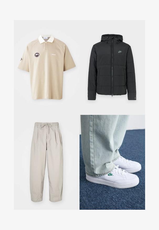 Giubbotto imbottito nero con cappuccio, caratterizzato da una chiusura con zip frontale, un motivo a righe orizzontali e un piccolo logo sul lato sinistro in alto.; Polo shirt beige a maniche corte con colletto bianco, patta con bottoni, logo del marchio sul petto e toppa circolare sul lato sinistro.; Pantaloni beige leggeri con vita elastica e coulisse. Presentano delle pieghe e una vestibilità ampia, realizzati in tessuto morbido e liscio.; Sneakers in pelle bianca con logo Nike verde, punta rotonda, suola piatta, abbinati a pantaloni in denim azzurro, mostrati su un tappeto blu.