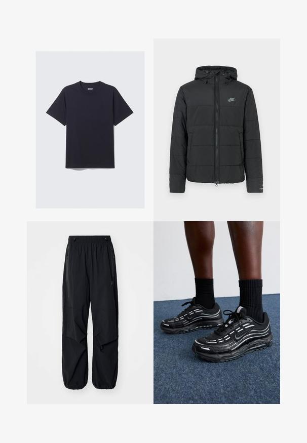 Svart pufferjakke med hette, med glidelås foran, horisontalt quiltet mønster og en liten logo på øvre venstre side.; Svart bomulls t-skjorte med rund hals, korte ermer og en avslappet passform. Har et enkelt design uten mønstre eller synlig maskinvare.; Sorte lettvekts cargo-bukser i svart med elastisk midje, sidelommer med glidelås og romslige lommer. Har en løs passform og innsnørede mansjetter.; Sorte Nike-sko har en mesh-overdel med aksentstriper, teksturert snøring og en svart gummisåle. Brukt med svarte ribbede sokker.
