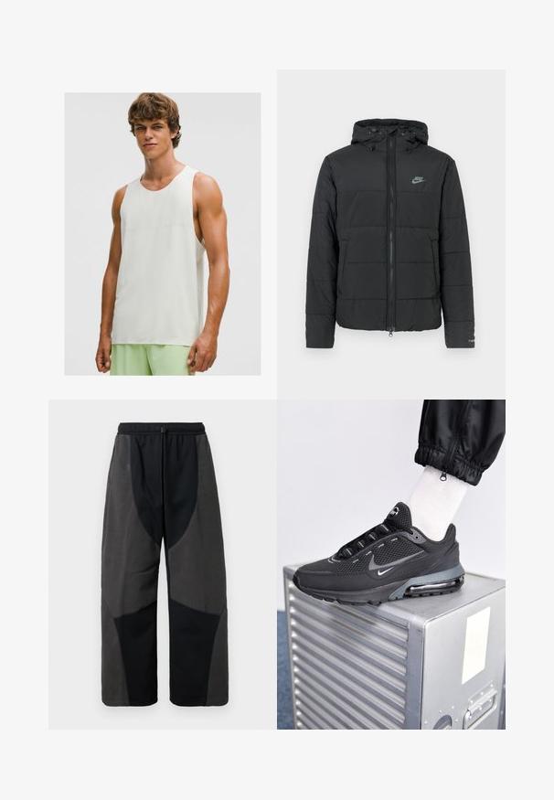 Czarna kurtka puchowa z kapturem, z zamkiem z przodu, poziomym pikowaniem i małym logo po lewej stronie u góry.; Młody mężczyzna ubrany w bezrękawnik sportowy w kolorze białym i jasnoszare szorty sportowe, stojący na tle czystej białej ściany.; Czarne spodnie z akcentami z polaru o luźnym kroju, z kontrastującymi panelami z ciemnoszarego materiału oraz regulowanym paskiem na sznurku.; Nike Sportswear PULSE czarny