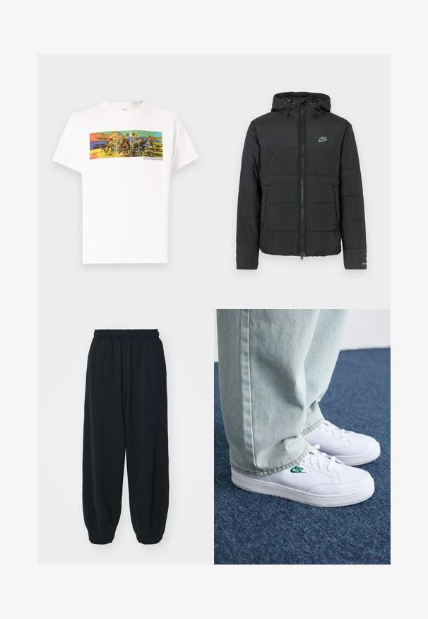 Svart puffjacka med huva, med dragkedja framtill, horisontellt quiltat mönster och en liten logotyp på övre vänstra sidan.; Vit bomull t-shirt med en färgglad grafisk tryck som skildrar en västerländsk scen med texten "LEVI STRAUSS & CO." längst ner.; Svarta, elastiska sweatpants med lös passform, mudd vid anklarna, slät textur och utan synliga mönster eller detaljer i metall.; Vita lädersneakers med grön Nike-logga, rund tå, platt sula, kombinerade med ljusblå denimbyxor, visade på en blå matta.