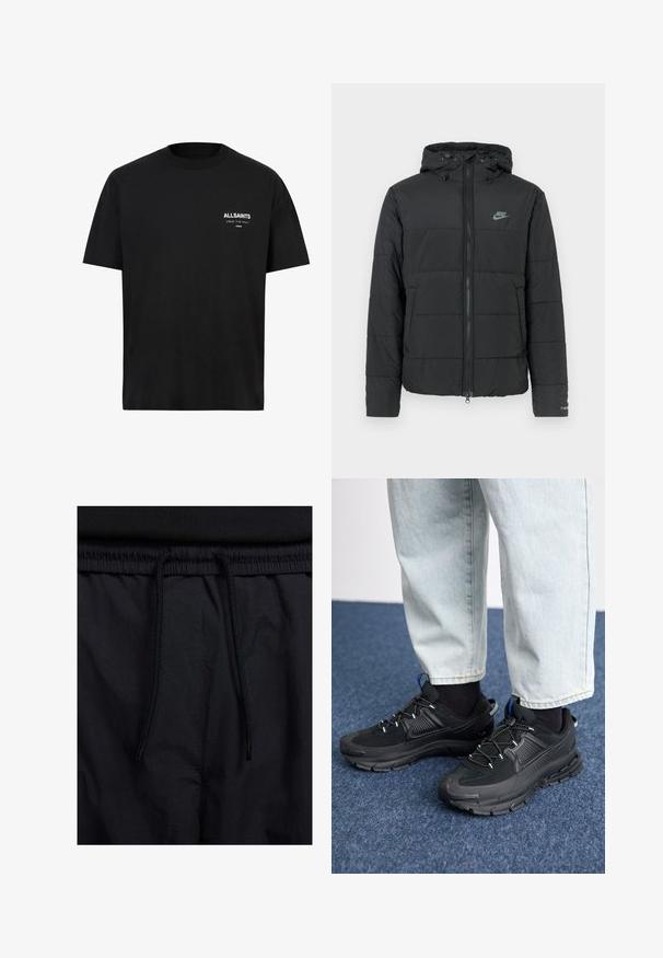 Czarna kurtka puchowa z kapturem, z zamkiem z przodu, poziomym pikowaniem i małym logo po lewej stronie u góry.; Czarny bawełniany t-shirt z krótkimi rękawami i okrągłym dekoltem. Posiada biały napis "ALLSAINTS" oraz "LONDON" na lewej stronie klatki piersiowej.; Czarne szorty z elastycznym paskiem na sznurku, lekkiego materiału o gładkiej fakturze oraz prostym wzornictwie bez widocznych logo czy wzorów.; Czarne buty sportowe z teksturowanej tkaniny i gumowymi podeszwami, z elastycznymi sznurówkami i niebieskim akcentem na pięcie. Noszone z jasnymi dżinsami.