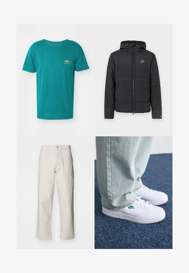 Casaco puffer preto com capuz, apresentando fecho éclair frontal, padrão de matelassé horizontal e um pequeno logótipo no lado superior esquerdo.; Alpha Industries SMALL LOGO - T-shirt estampada - force green; Calças largas em bege claro, feitas de algodão. Apresentam bolsos frontais e fecho com botão. Textura suave com linhas verticais subtis.; Tênis de couro brancos com logo verde da Nike, bico redondo, sola plana, combinados com calças de denim azul claro, exibidos sobre um tapete azul.