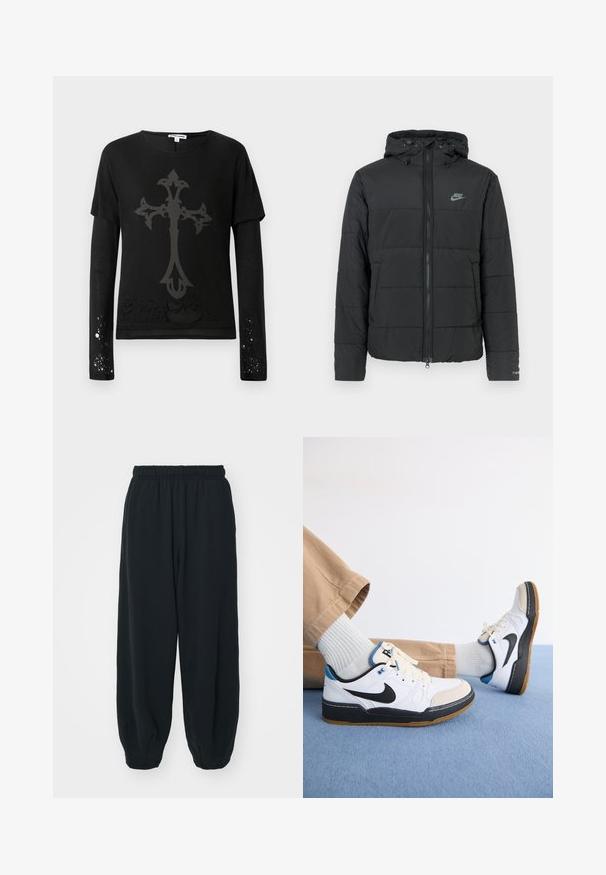 Μαύρο φουσκωτό μπουφάν με κουκούλα, που διαθέτει φερμουάρ μπροστά, οριζόντιο καπιτονέ σχέδιο και ένα μικρό λογότυπο στην άνω αριστερή πλευρά.; Μαύρο μακρυμάνικο πουκάμισο με κοντομάνικη επένδυση, με μεγάλο σχέδιο γκρίζου σταυρού και φθαρμένα στοιχεία κοντά στο τελείωμα και τα μανίκια.; Μαύρες, φόρμες με ελαστική μέση και χαλαρή εφαρμογή, με ρεβέρ στους αστραγάλους, λεία υφή και χωρίς ορατά μοτίβα ή αξεσουάρ.; Λευκά και μαύρα Nike sneakers με μπλε λεπτομέρειες, διαθέτοντας δερμάτινο επάνω μέρος, καουτσούκ σόλα και κλείσιμο με κορδόνια. Ανοιχτό γκρι κάλτσες και μπεζ παντελόνι.