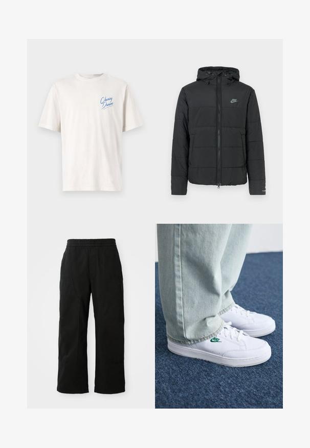 Jachetă puffer neagră cu glugă, având fermoar pe față, model cusut orizontal și un mic logo în partea stângă sus.; Tricou bej deschis, realizat din bumbac, cu mâneci scurte și guler rotund. Inscripția "Chasing Dreams" este imprimată în albastru pe pieptul stâng.; Pantaloni negri din bumbac cu talie elastică, design cu picioare largi și buzunare laterale mari. Materialul pare moale, cu o textură fină.; Adidași din piele albă cu logo-ul Nike verde, vârf rotund, talpă plată, asortați cu pantaloni din denim bleu deschis, prezentați pe un covor albastru.