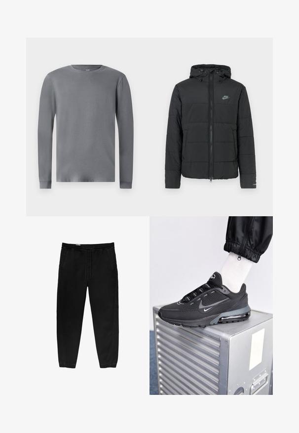 Zwarte pufferjas met capuchon, voorzien van een rits aan de voorkant, een horizontaal gestikt patroon en een klein logo op de bovenste linkerkant.; Grijze T-shirt met lange mouwen, gemaakt van zachte katoenen stof, met een ronde hals en nauwsluitende mouwen. Eenvoudig, ongecompliceerd ontwerp.; Zwarte elastische taillebandbroeken met een trekkoord, taps toelopende benen, zijzakken en subtiele stiksels aan de zijkanten. Zachte katoenachtige stof.; Nike Sportswear PULSE - Sneakers laag - black/anthracite