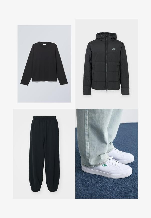 Black puffer jacket with a hood, featuring a zip front, horizontal quilted pattern, and a small logo on the upper left side.; Black long-sleeve T-shirt made of soft fabric. Features a crew neckline and relaxed fit. Seam details on shoulders, minimalistic design.; Black, elasticated-waist sweatpants with a loose fit, cuffed ankles, smooth texture, and no visible patterns or hardware accents.; White leather sneakers with green Nike logo, round toe, flat sole, paired with light blue denim pants, shown on a blue carpet.