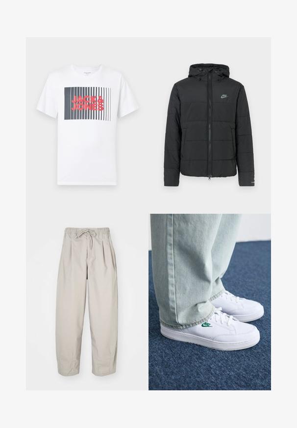 Jachetă puffer neagră cu glugă, având fermoar pe față, model cusut orizontal și un mic logo în partea stângă sus.; Tricou alb din bumbac, cu un grafic rectangular ce prezintă linii negre verticale și textul roz "JACK&JONES" în centru. Mâneci scurte.; Pantaloni bej, ușori, cu talie elastică și șnur. Prezintă pliseuri și o croială lejeră, realizată dintr-un material moale și neted.; Adidași din piele albă cu logo-ul Nike verde, vârf rotund, talpă plată, asortați cu pantaloni din denim bleu deschis, prezentați pe un covor albastru.