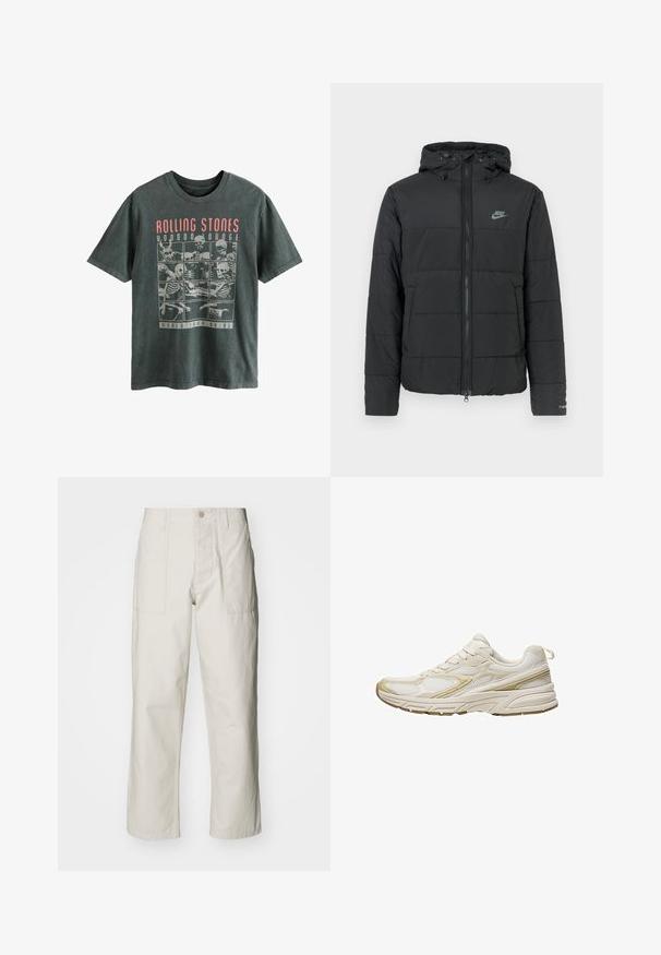 Black puffer jacket with a hood, featuring a zip front, horizontal quilted pattern, and a small logo on the upper left side.; Next LICENSE REGULAR - Print T-shirt - grey rolling stones; Light beige wide-leg pants made of cotton. Features front pockets and a button closure. Smooth texture with subtle vertical lines.; White athletic shoes made of mesh and synthetic material, featuring a rounded toe, cushioned sole, and beige accents on the sides.