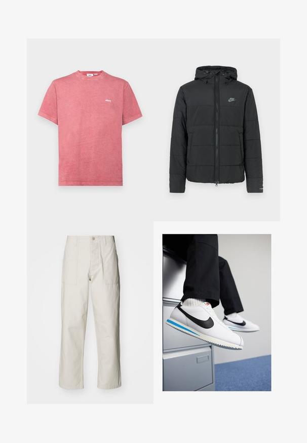 Melnā puffjakā ar mēteli ir rāvējslēdzēja priekšpuse, horizontāla izšuvuma raksts un mazs logotips kreisajā augšējā stūrī.; Sarkana kokvilnas t-kreklis ar apaļu kakla izgriezumu un īsām piedurknēm. Uz kreisās krūtis ir neliels balts "obey" logo. Mīksts, teksturēts audums.; Gaiši bežs platā kāju bikses, izgatavotas no kokvilnas. Iekļautas priekšējās kabatas un pogu aizdare. Gluda tekstūra ar smalkām vertikālām līnijām.; Baltas ādas sporta apavi ar melnu Nike zīmi, gaiši zilu un pelēku gumijas zoli un klasisku auklu dizainu. Kājām atpūšoties uz dokumentu skapja.