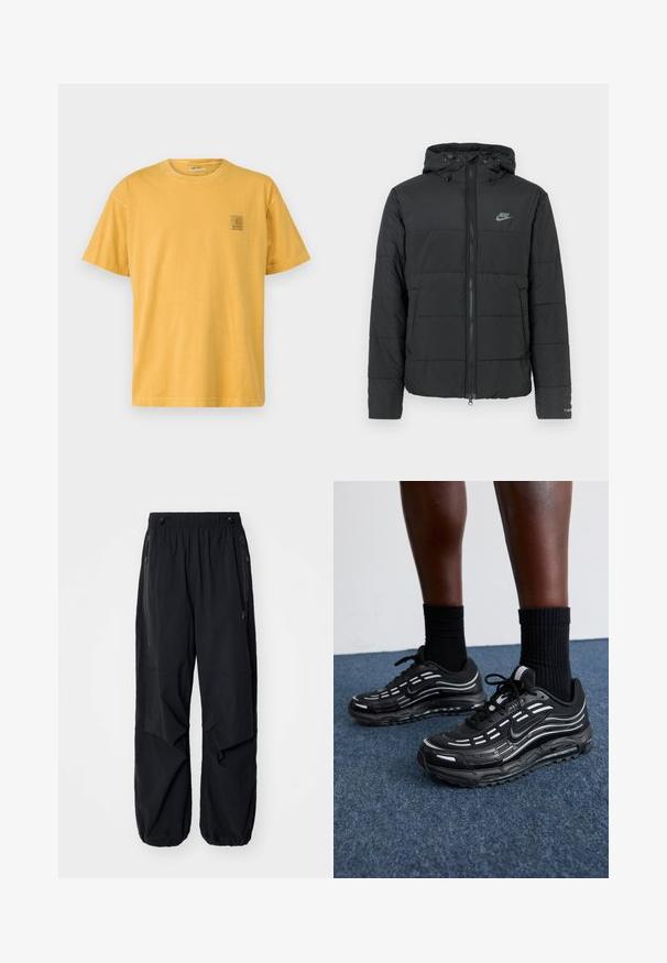Black puffer jacket with a hood, featuring a zip front, horizontal quilted pattern, and a small logo on the upper left side.; Short-sleeve, round-neck t-shirt in mustard yellow fabric. Features a small square logo patch on the left chest. Soft cotton texture.; Black lightweight cargo pants with an elastic waistband, side zippers, and spacious pockets. Features a loose fit and tapered cuffs.; Black Nike shoes feature a mesh upper with accent stripes, textured lacing, and a black rubber sole. Worn with black ribbed socks.