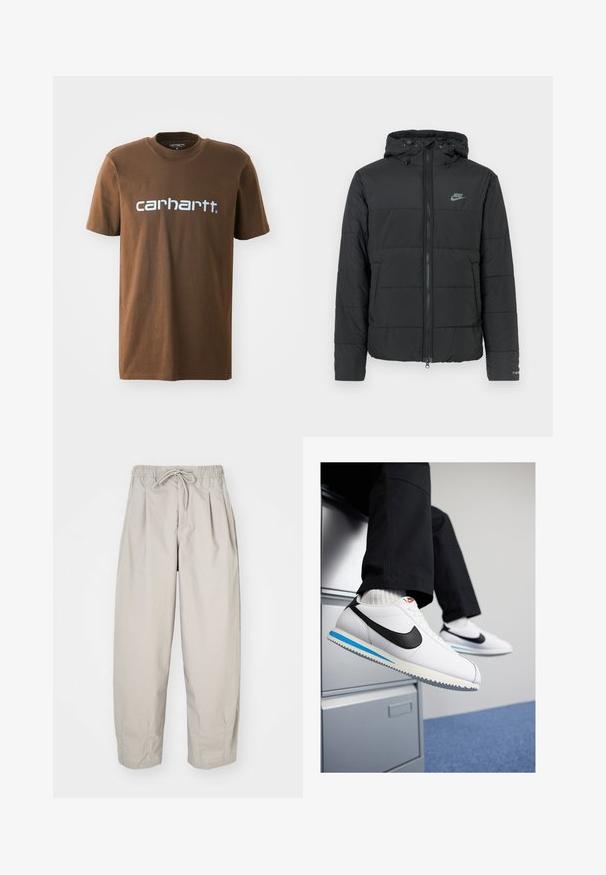 Černá péřová bunda s kapucí, má přední zip, horizontálně prošívaný vzor a malé logo na levé horní straně.; Hnědé bavlněné tričko s krátkým rukávem, které má bílé logo "Carhartt" potištěné přes hruď. Standardní design s kulatým výstřihem.; Béžové, lehké kalhoty s elastickým pasem a šňůrkou na stažení. Mají sklady a volný střih, vyrobené z měkké, hladké látky.; Bílé kožené tenisky s černým logem Nike, světle modrou a šedou gumovou podrážkou a klasickým šněrovacím designem. Nohy odpočívají na skříni.