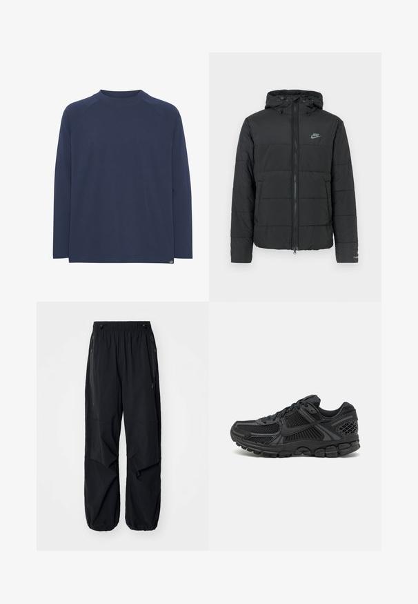 Mustmust tömbjakker kapuutsiga, millel on lukuga esiosa, horisontaalne tikandi muster ja väike logo vasakul ülalpool.; Tumesinine pika varrukaga särk ümmarguse kaelusega ja raglanvarrukatega; pehme tekstuur ja peen õmbluse detail allääres.; Mustad mustad cargo püksid elastse vöökoha, külgzippide ja avarate taskutega. Omab laia lõiget ja kitsenevaid sääreotsasid.; Musta spordijalats, millel on võrgust ülemine osa, kummist tallad ja tekstureeritud detailid. Disain sisaldab silmapaistvat lõngasüsteemi ja pehmendatud tallaid.