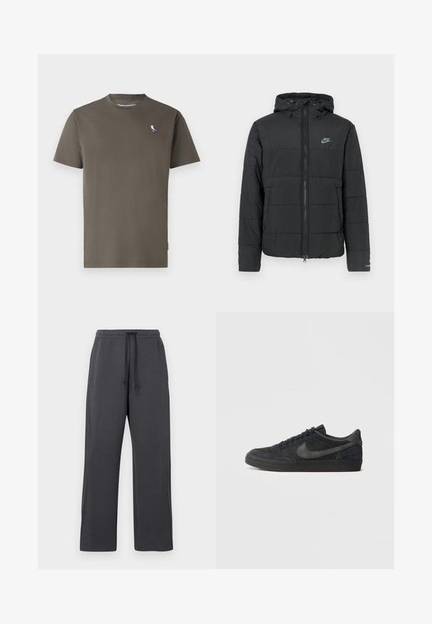 Svart pufferjakke med hette, med glidelås foran, horisontalt quiltet mønster og en liten logo på øvre venstre side.; Oliven grønn bomulls t-skjorte med rund hals, korte ermer og en liten blå og hvit fugl brodert på brystet.; Grå joggebukser med snor i livet, laget av mykt stoff. Vid benmodell med sidesømmer, minimale detaljer og uten synlige mønstre.; Sorte semskede sneakers med lav profil, gummisåle, teksturerte sidepaneler og tonet Nike swoosh-logo. Snøring foran, polstret krage.