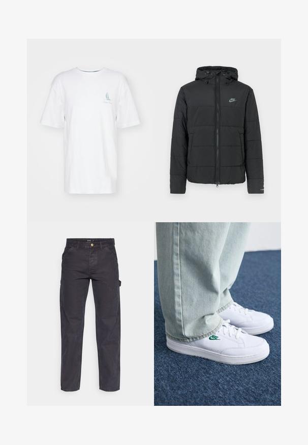 Giubbotto imbottito nero con cappuccio, caratterizzato da una chiusura con zip frontale, un motivo a righe orizzontali e un piccolo logo sul lato sinistro in alto.; Maglietta bianca in cotone a maniche corte, con scollatura rotonda e una piccola grafica di un veliero blu sul lato sinistro del petto. Design semplice e classico.; Pantaloni cargo grigio scuro realizzati in tessuto resistente, con un taglio dritto, cinque tasche e chiusura a bottoni in vita.; Sneakers in pelle bianca con logo Nike verde, punta rotonda, suola piatta, abbinati a pantaloni in denim azzurro, mostrati su un tappeto blu.