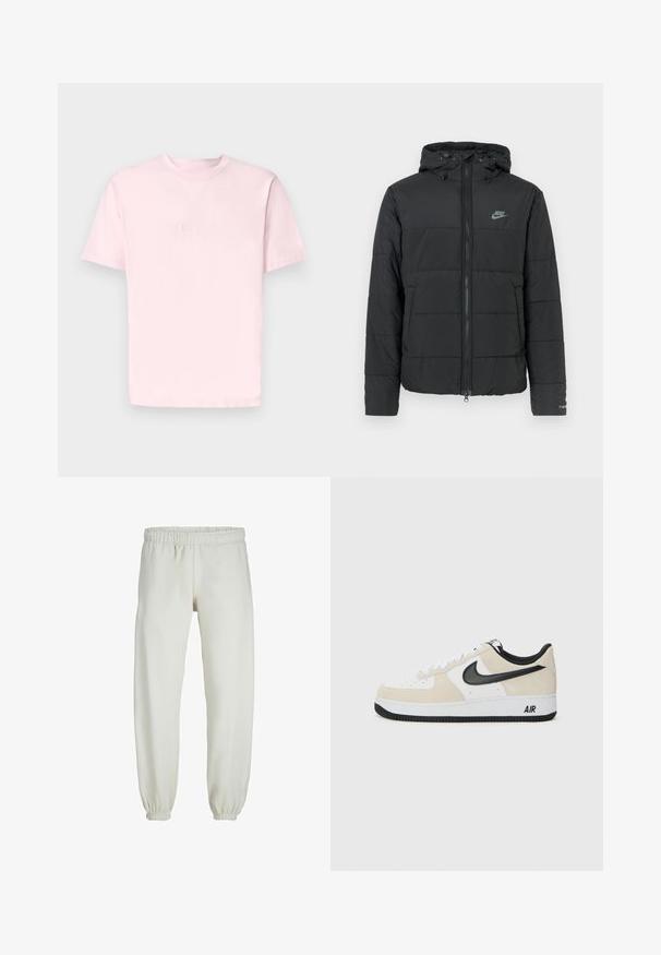 Chaqueta acolchada negra con capucha, que presenta un cierre con cremallera, un patrón de acolchado horizontal y un pequeño logotipo en la parte superior izquierda.; Jack & Jones JORVESTERBRO CREW NECK - Camiseta estampada - fairy tale; Pantalones de chándal blancos hechos de una tela suave, con cinturilla y puños elásticos, que presentan una textura suave y un diseño holgado.; Zapatillas con parte superior de ante beige claro y cuero blanco, swoosh negro de Nike, acentos negros y una suela de goma blanca con la marca "AIR".