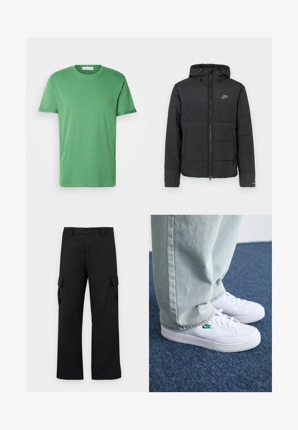 Μαύρο φουσκωτό μπουφάν με κουκούλα, που διαθέτει φερμουάρ μπροστά, οριζόντιο καπιτονέ σχέδιο και ένα μικρό λογότυπο στην άνω αριστερή πλευρά.; Les Deux NØRREGAARD SEASONAL - Βασικό μπλουζάκι - vintage green/orange; Μαύρο cargo παντελόνι με σχέδιο κατευθείαν πόδι. Κατασκευασμένο από ανθεκτικό ύφασμα, διαθέτει δύο πλαϊνές τσέπες με καπάκια και κλείσιμο με κουμπί.; Λευκά δερμάτινα sneakers με πράσινο λογότυπο Nike, στρογγυλή μύτη, επίπεδη σόλα, συνδυασμένα με ανοιχτό μπλε τζην παντελόνι, τοποθετημένα σε μπλε χαλί.