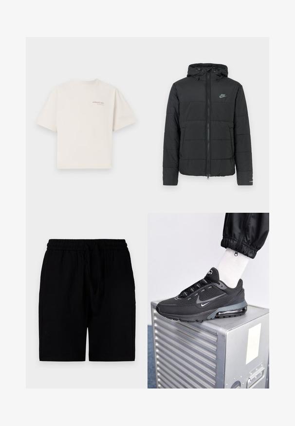 Černá péřová bunda s kapucí, má přední zip, horizontálně prošívaný vzor a malé logo na levé horní straně.; Krátký rukáv, tričko s kulatým výstřihem v off-white bavlně s textem „ADRIATIC SEA“ v růžové na hrudi. Uvolněný střih a hladká textura.; Černé šortky vyrobené z lehkého materiálu, s elastickým pasem na šňůrku, bočními kapsami a uvolněným střihem.; Nike Sportswear PULSE - Tenisky - black/anthracite