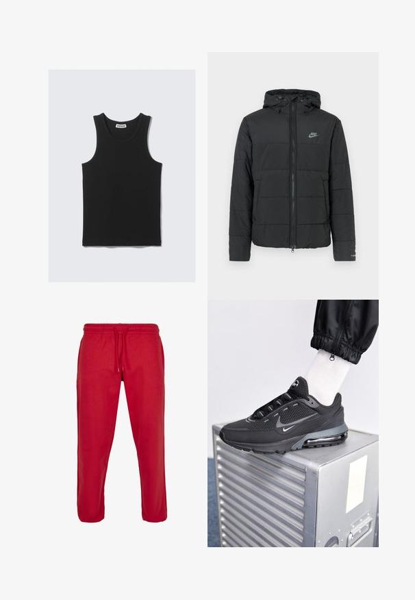 Chaqueta acolchada negra con capucha, que presenta un cierre con cremallera, un patrón de acolchado horizontal y un pequeño logotipo en la parte superior izquierda.; Camiseta de algodón negra sin mangas con una textura acanalada, que presenta un escote redondo y sisas anchas. Etiqueta visible en el cuello.; Pantalones deportivos rojos con cintura elástica y cordón ajustable. Hechos de una tela suave, presentan un corte holgado y sin patrones visibles.; Nike Sportswear PULSE - Zapatillas - black/anthracite