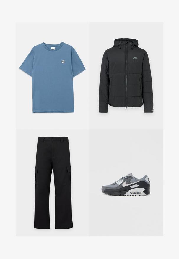 Svart pufferjakke med hette, med glidelås foran, horisontalt quiltet mønster og en liten logo på øvre venstre side.; Blå bomull T-skjorte med rund hals, korte ermer og en liten rund logo med en "W" på venstre bryst.; Svarte cargo-bukser med rett ben-design. Laget av slitesterkt stoff, med to sidelommer med klaffelukking og knappestolpe.; Grå joggesko med en blanding av mesh og semsket skinn, med svart såle og synlig luftpute. Merkbare lysegrå detaljer og lisser.