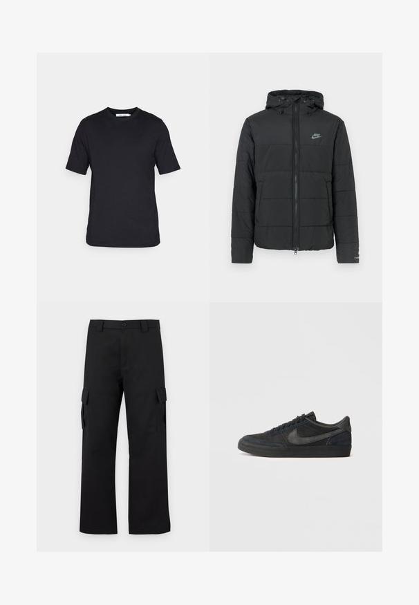 Črna puhovka s kapuco, z zadrgo spredaj, vodoravno prešito vzorčasto in majhnim logotipom na zgornji levi strani.; Črna majica s kratkimi rokavi iz mehkega materiala, z okroglo ovratnico in ravnim robom, brez vzorcev ali vidne blagovne znamke.; Črne cargo hlače s ravnim krojem. Narejene so iz trpežnega materiala in imajo dve stranski žepi s poklopcem ter gumbasto zaponko.; Črne nubuk superge z nizkim profilom, gumijastim podplatom, strukturiranimi stranskimi paneli in toniranim Nike swoosh logotipom. Zavezovanje spredaj, oblazinjena ovratnika.