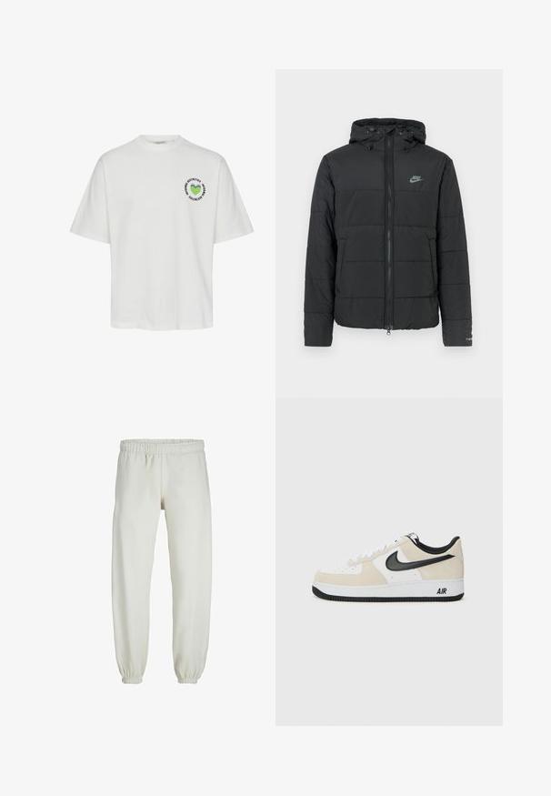 Zwarte pufferjas met capuchon, voorzien van een rits aan de voorkant, een horizontaal gestikt patroon en een klein logo op de bovenste linkerkant.; Witte katoenen T-shirt met een ronde graphic met een groene hart en tekst. Korte mouwen en een ronde halsontwerp. Regular fit.; Witte sweatpants gemaakt van zachte stof, met een elastische tailleband en boorden, een gladde textuur en een losvallend ontwerp.; Sneakers met een lichtbeige suède en witte leren bovenkant, zwarte Nike swoosh, zwarte accenten en een witte rubberen zool met "AIR" branding.