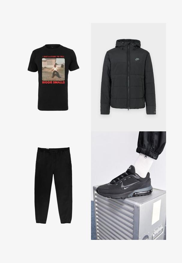 Černá péřová bunda s kapucí, má přední zip, horizontálně prošívaný vzor a malé logo na levé horní straně.; Černé bavlněné tričko s vintage fotografií a červeným textem, který zní "MÁM PŘÍBĚH, KTERÝ CHCI VYPRÁVĚT BIGGIE SMALLS" pod obrázkem.; Černé kalhoty s elastickým pasem a stahovací šňůrkou, se zúženými nohavicemi, bočními kapsami a jemnými detaily bočního šití. Měkká textilie z bavlny.; Nike Sportswear PULSE - Tenisky - black/anthracite