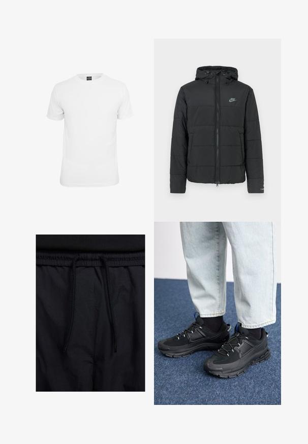 Svart puffjacka med huva, med dragkedja framtill, horisontellt quiltat mönster och en liten logotyp på övre vänstra sidan.; Vit kortärmad t-shirt, tillverkad av bomull, med rund halsringning och en mjuk textur, designad för avslappnad användning.; Svarta shorts med dragsko i midjan, lättviktig tyg med en slät yta och en enkel design utan synliga logotyper eller mönster.; Svarta sportskor med texturerat tyg och gummisulor, med elastiska snörningar och en blå detalj på hälen. Bärs med ljusa jeans.