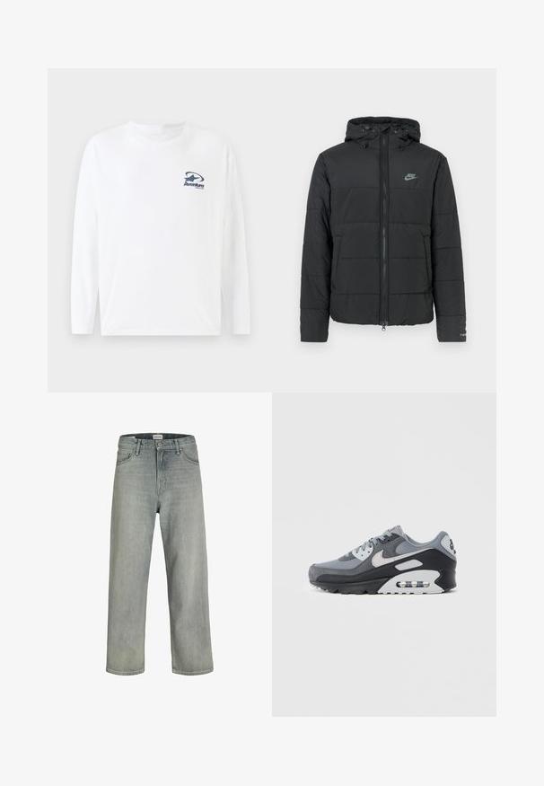 Giubbotto imbottito nero con cappuccio, caratterizzato da una chiusura con zip frontale, un motivo a righe orizzontali e un piccolo logo sul lato sinistro in alto.; T-shirt bianco a maniche lunghe in cotone, con logo blu navy sul petto. Collo arrotondato e orlo dritto con maniche lunghe e comode.; Jeans grigi chiaro, con vestibilità comoda, realizzati in denim. Presentano un classico design a cinque tasche, passanti per cintura e una silhouette a gamba dritta.; Sneaker grigia con una combinazione di materiali in mesh e suede, suola nera con unità air visibile. Evidenti dettagli e lacci di colore grigio chiaro.