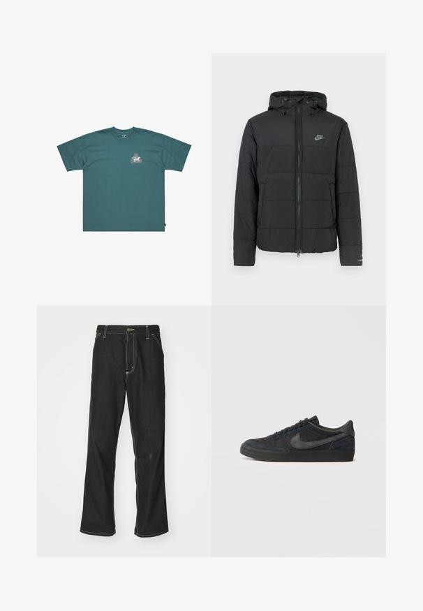 Czarna kurtka puchowa z kapturem, z zamkiem z przodu, poziomym pikowaniem i małym logo po lewej stronie u góry.; Turkusowa bawełniana koszulka z krótkim rękawem i luźnym krojem. Posiada trójkątną grafikę z kolorowym wzorem oraz nazwą marki na piersiach.; Czarne dżinsy o luźnym kroju, z kontrastującymi białymi szwami, z zapięciem na guzik i prostą nogawką.; Czarne zamszowe sneakersy o niskim profilu, gumowej podeszwie, teksturowanych bocznych panelach oraz tonalnym logo Nike. Z przodu sznurowane, z wyściółką w kołnierzu.