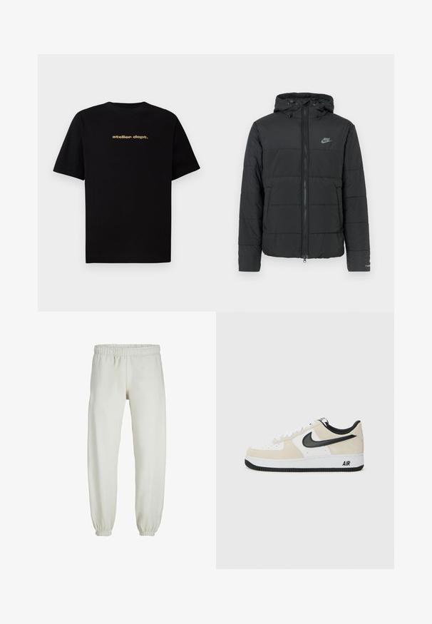 Fekete pufi dzseki kapucnival, elöl cipzárral, vízszintesen steppelt mintával és egy kis logóval a bal felső oldalon.; Fekete pamut póló rövid ujjal, elöl arany színű "atelier dept." logóval. Klasszikus kerek nyakú dizájn, laza fazon.; Fehér melegítőnadrág, puha anyagból készült, rugalmas derékrésszel és mandzsettával, sima tapintású és laza szabású.; Világos bézs suede és fehér bőr felsőrésszel rendelkező sportcipők, fekete Nike logo, fekete részletek és fehér gumitalp, amelyen "AIR" felirat található.