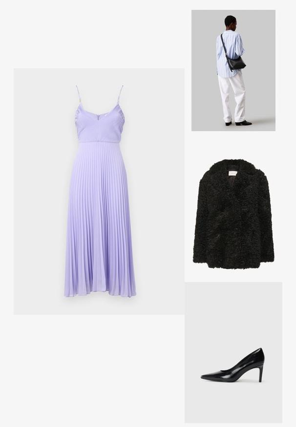 Gestuz SHILLY - Palton clasic - black; Rochie liliachie plisată, cu bretele subțiri, o parte superioară ajustată și o fustă evazată care se extinde până la jumătatea gambei. Materialul texturat creează linii verticale.; Pantof de damă din piele neagră, cu toc înalt, vârf ascuțit, textură fină și toc conic. Design minimalist, fără embellishments suplimentare.; Geantă de umăr din piele neagră cu o textură moale, formă triunghiulară și curea ajustabilă, asortată cu o bluză cu dungi albastre deschise și pantaloni albi.