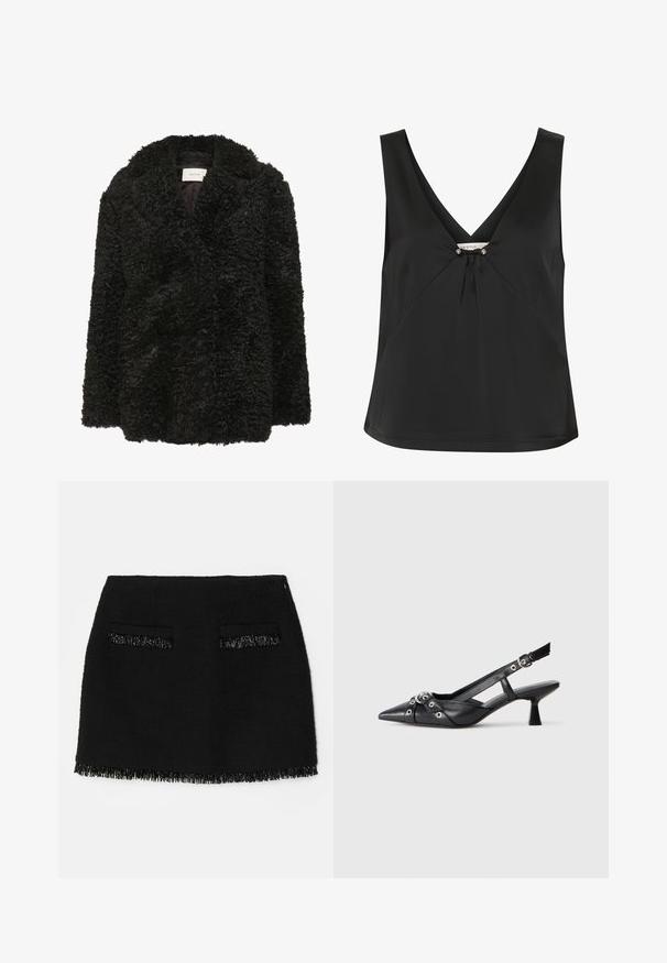 Gestuz SHILLY - Klasický kabát - black; Černý bezrukávový top s výstřihem do V, s ozdobným uzlem a stříbrnými akcenty uprostřed, vyrobený z hladkého, elegantního materiálu.; Černá sukně s texturovanou tkaninou, která má dvě přední kapsy a detail se třásněmi na spodním lemu. Celkový tvar je přiléhavý áčkový střih.; Černé kožené slingback boty s špičatou špičkou, dekorativními pásky s kovovými očky a nízkým blokovým podpatkem. Texturovaný povrch.