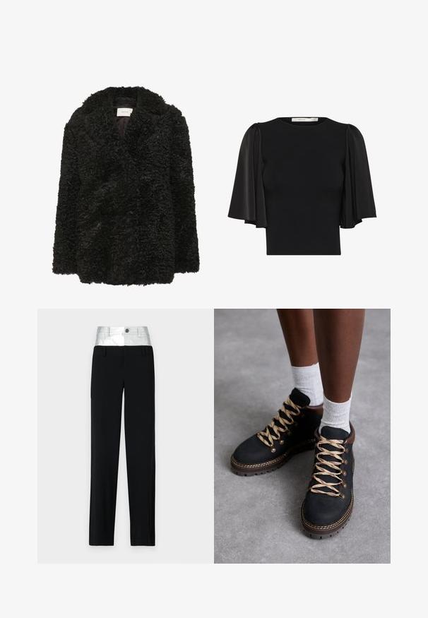 Gestuz SHILLY - Klassisk frakke - black; Sort top med korte puffærmer lavet af gennemsigtigt stof, rund halsudskæring og en tæt pasform. Blød tekstur med en glat overflade.; Sorte bukser med en skinnende sølvfarvet talje. Har en knaplukning og fire lommer, med en skræddersyet pasform og lige ben design.; Sorte ruskindvandrestøvler med beige og røde snørebånd, metaløjer og brune detaljer. Struktureret sål med synlige slidbanemønstre.