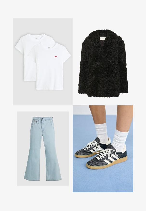 Gestuz SHILLY - Klasisks mētelis - black; Divas balti īsām piedurknēm T-krekli, izgatavoti no kokvilnas, ar nelielu sarkanu Levi's logo uz krūšu, apaļo kakla izgriezumu un taisnu apakšmalu.; Gai zilu flared džinsi, kas izgatavoti no denima, ar augstu jostasvietu, pogu aizdari un aizmugures kabatām. Gluda tekstūra ar minimālām šuvju detaļām.; Melnas ādas sporta apavus ar baltām svītrām, apaļu purngalu, baltām auklām un gumijas zoli. Izceļas ar mīksto apkakli un zīmola detaļām.